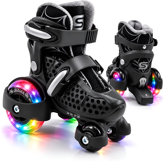 Zwarte verstelbare rolschaatsen met lichtgevende veelkleurige wielen en zachte voering.