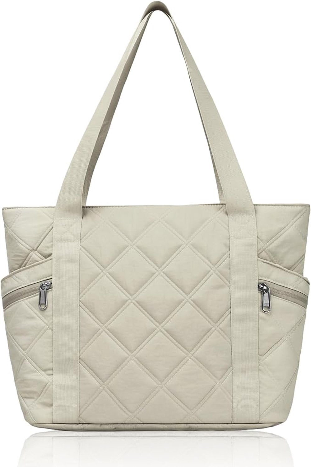 Shopper dames - Gewatteerde schoudertas voor werk - Grote handtas met ruitpatroon - Laptopvak met klittenbandsluiting - Negen verschillende opbergvakken - Polyester met dubbele naden - Beige/creme - 39,6 x 16 x 32 cm