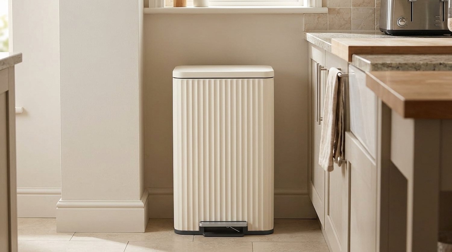 Pedaalemmer 30 Liter - Laura Homestore - Afvalemmer Keuken met Soft-Close Deksel - Uitneembare Binnenemmer - Verticaal Groefdesign - Inclusief 15 Vuilniszakken - Beige / Lichtmokka