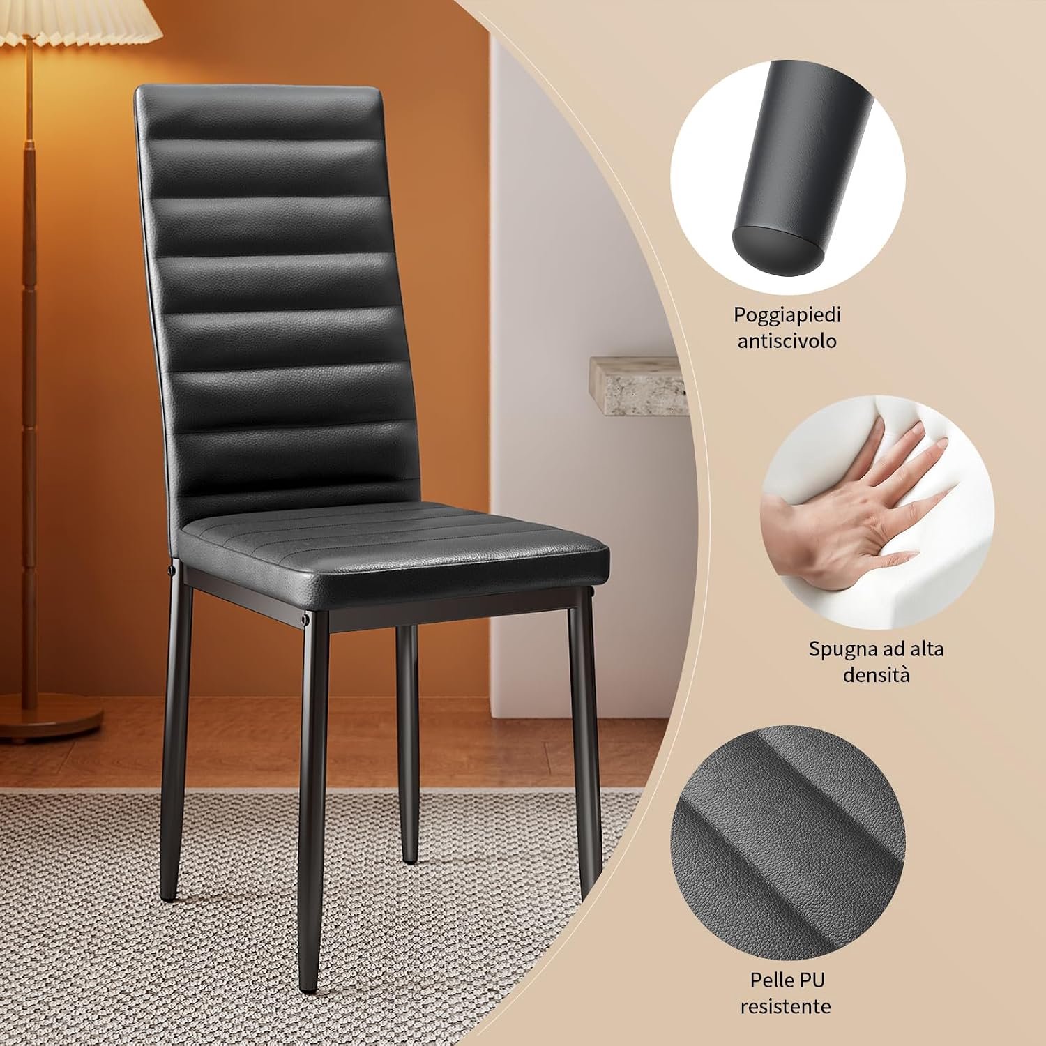 Moderne Eethoekset voor 6 Personen met Rechthoekige Glazen Eettafel en 6 Zwarte PU-Leren Stoelen – 7-delige Ruimtebesparende Eetkamerset van Gehard Glas en Staal voor Woonkamer en Keuken