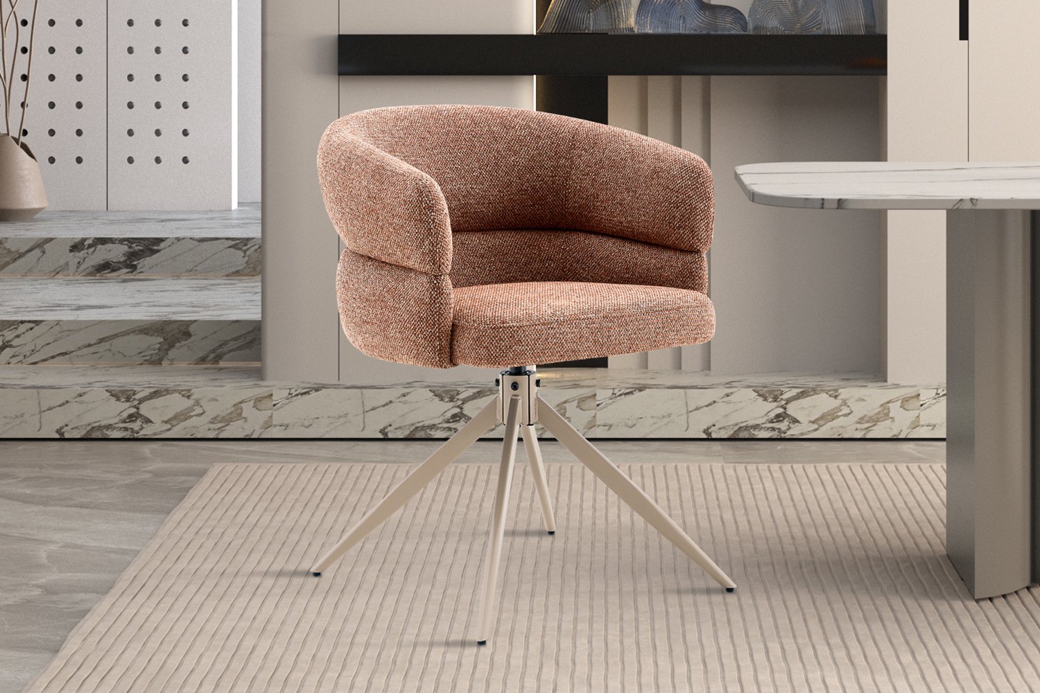 Leonie Draaibare Eetkamerstoel Roest – 180° Auto-Return – Beige Metalen Kruispoot