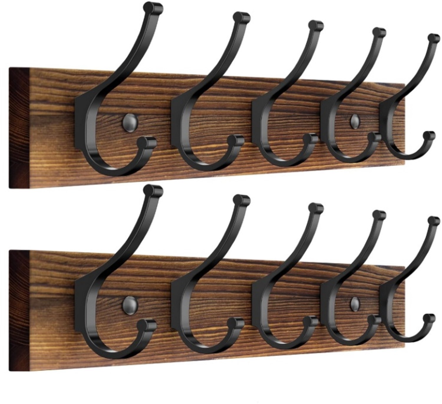 2 Stuks Houten Wandkapstok met 5 Metalen Haakjes - Wandgemonteerde Kapstok - Kledinghaak voor Muur, Hoedenrek, Tassenhaak, Sleutelhouder - Handdoekhouder voor Hal, Badkamer, Woonkamer en Slaapkamer
