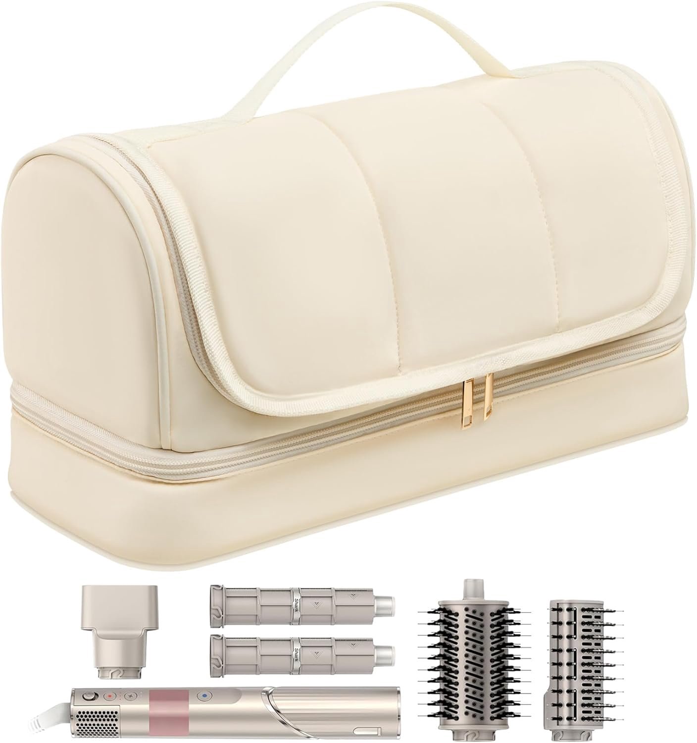 Haardroger tas - Reisetui voor stylingapparaten - Opbergtas met afzonderlijke lagen - Organizer inclusief uitneembare scheidingswand - Gevoerde bescherming voor accessoires - Ophangmogelijkheid en draaghandvat - Crème - 35,5 x 16,5 x 15,5 cm