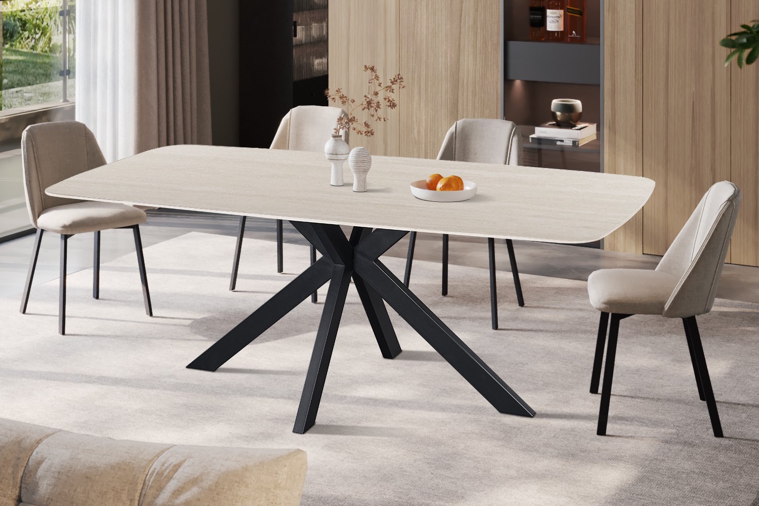Apollo Eettafel – 200 x 100 cm – Deens Ovaal – Mat Grijs Stenen Blad met Travertinlook – Zwarte Matrixpoot