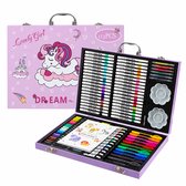 Unicorn Tekenkoffer voor Kinderen - Houten Teken- en Schilderset - 40 Acrylmarkers en 20 Dubbelzijdige Markers - Roze