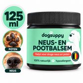 Potje DogSuppy neus- en pootbalsem 125 ml met afbeeldingen van een hondenpoot en -neus, 100% natuurlijk en hypoallergeen.