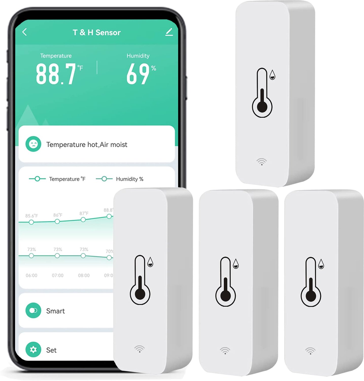 WiFi-vochtigheidstemperatuurmonitor: slimme hygrometer-thermometer voor bewaking en waarschuwing op afstand, hoge precisie binnenthermometer met -app, geen hub nodig, compatibel met Alexa (4 stuks