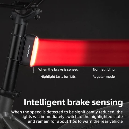 ROCKBROS Slim Fiets Achterlicht Magnetisch USB-C Oplaadbaar - Remsensor - Automatisch Aan/Uit - IPX6 Waterdicht - 7 Lichtmodi - LED Fietsverlichting — afbeelding 2