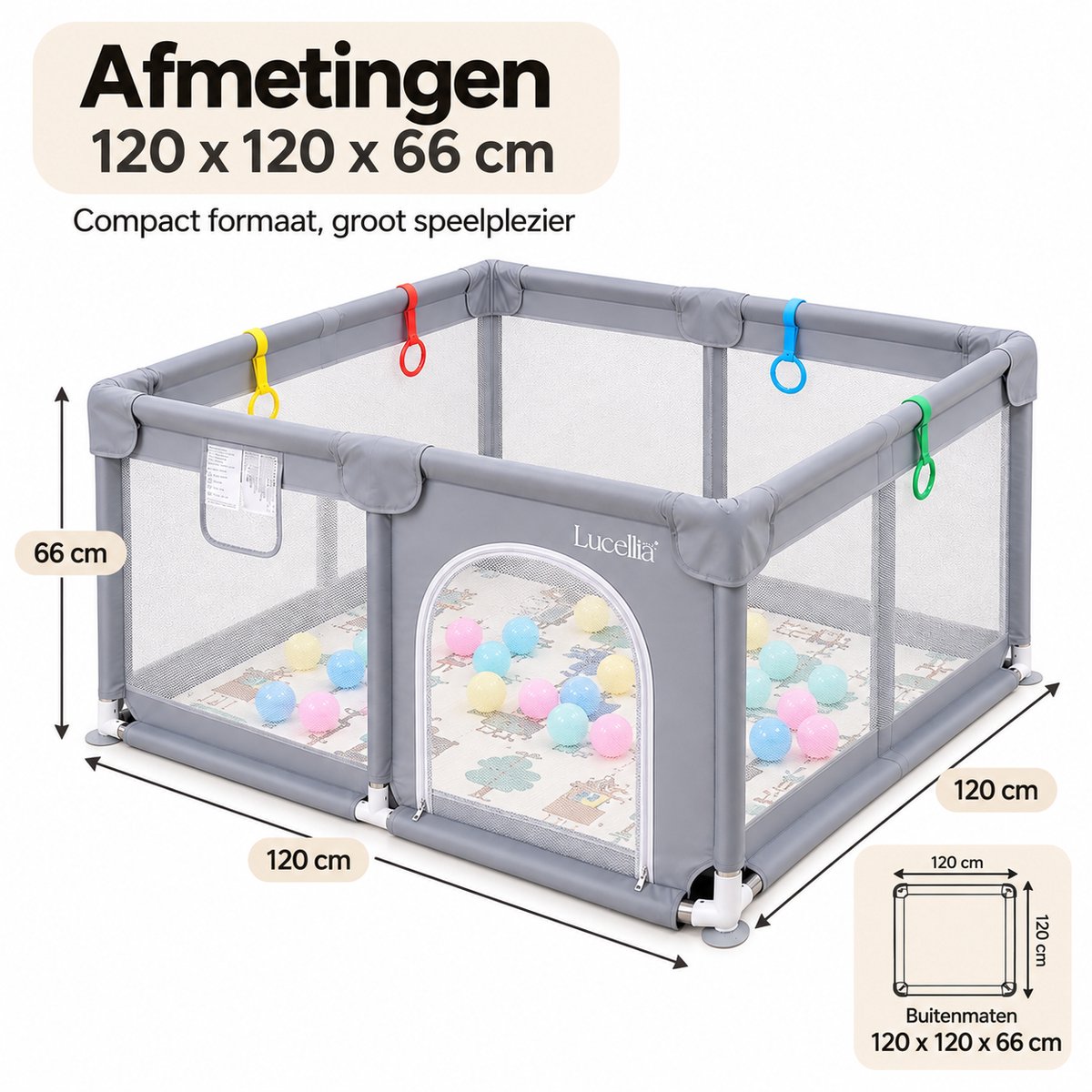 Lucellia® Grondbox Baby - Speelbox & Kruipbox - Inclusief Speelmat & 30 Ballen - Draagtas - Donkergrijs - 120x120x66 cm – foto 8