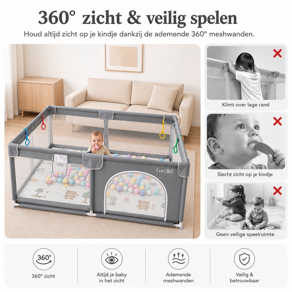 Lucellia® Grondbox Baby 120x160 cm – Speelbox met Dubbelzijdige Speelmat & 30 Speelballen – Kinderbox, Playpen & Baby Box – Draagtas – Licht Grijs – foto 3