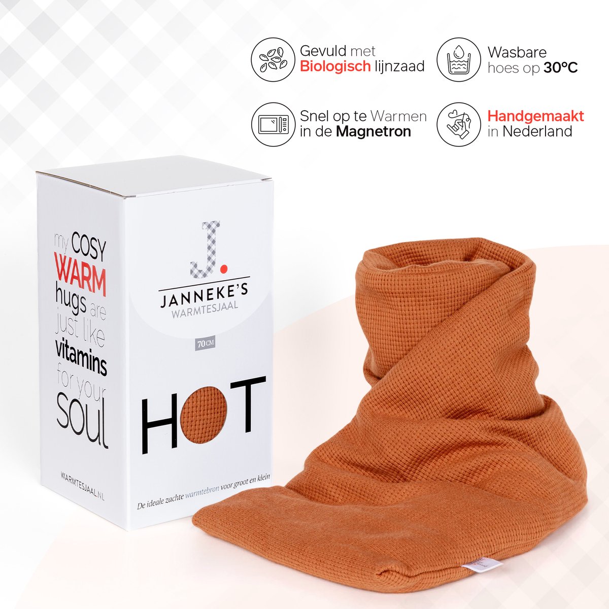 Janneke’s Warmtesjaal® – Lijnzaad Warmtekussen – Zachte vulling – Magnetron – Voor Nek & Rug – Made in Holland - kleur cognac