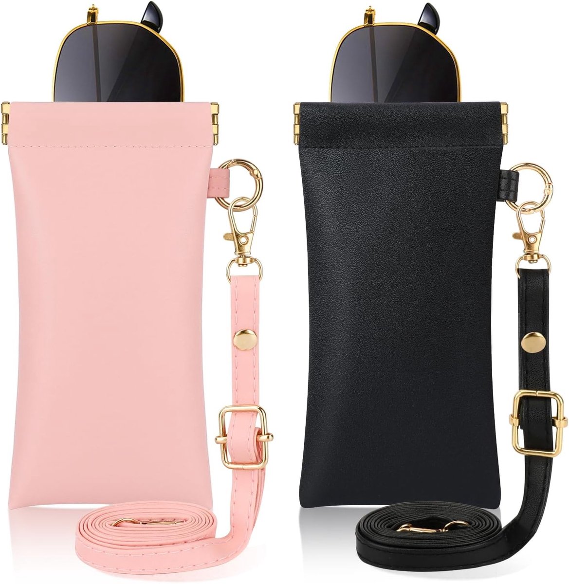 2 Stuks Leren Zachte Brilhoes, Draagbare Zonnebril Etui met Haak en Lanyard voor Bescherming en Gemak