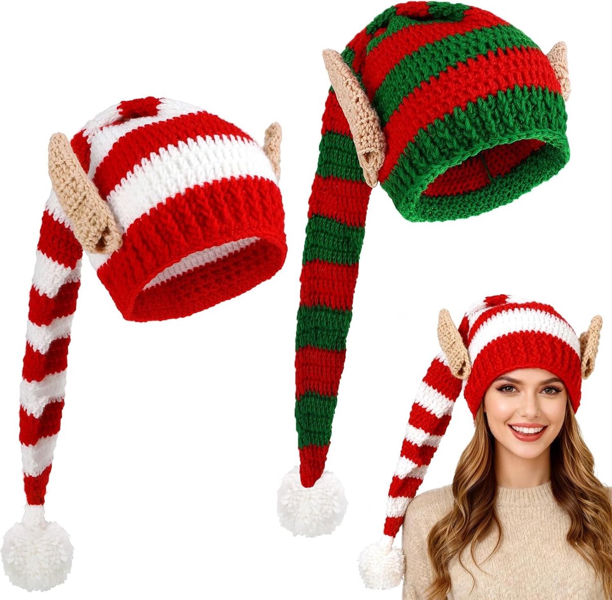 Warme gebreide elfhoeden en oren voor volwassenen en kinderen - Kerstaccessoires voor feestjes en kostuums, ideaal voor de winter