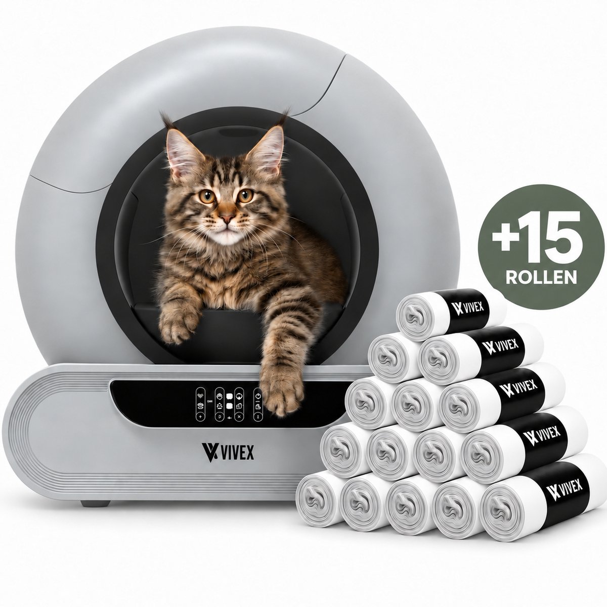 Vivex® Automatische Kattenbak – Zelfreinigende Kattenbak met 15 rollen - Elektrische Kattenbak Inclusief App – 75L - incl Matje en 225 opvangzakjes - XXL
