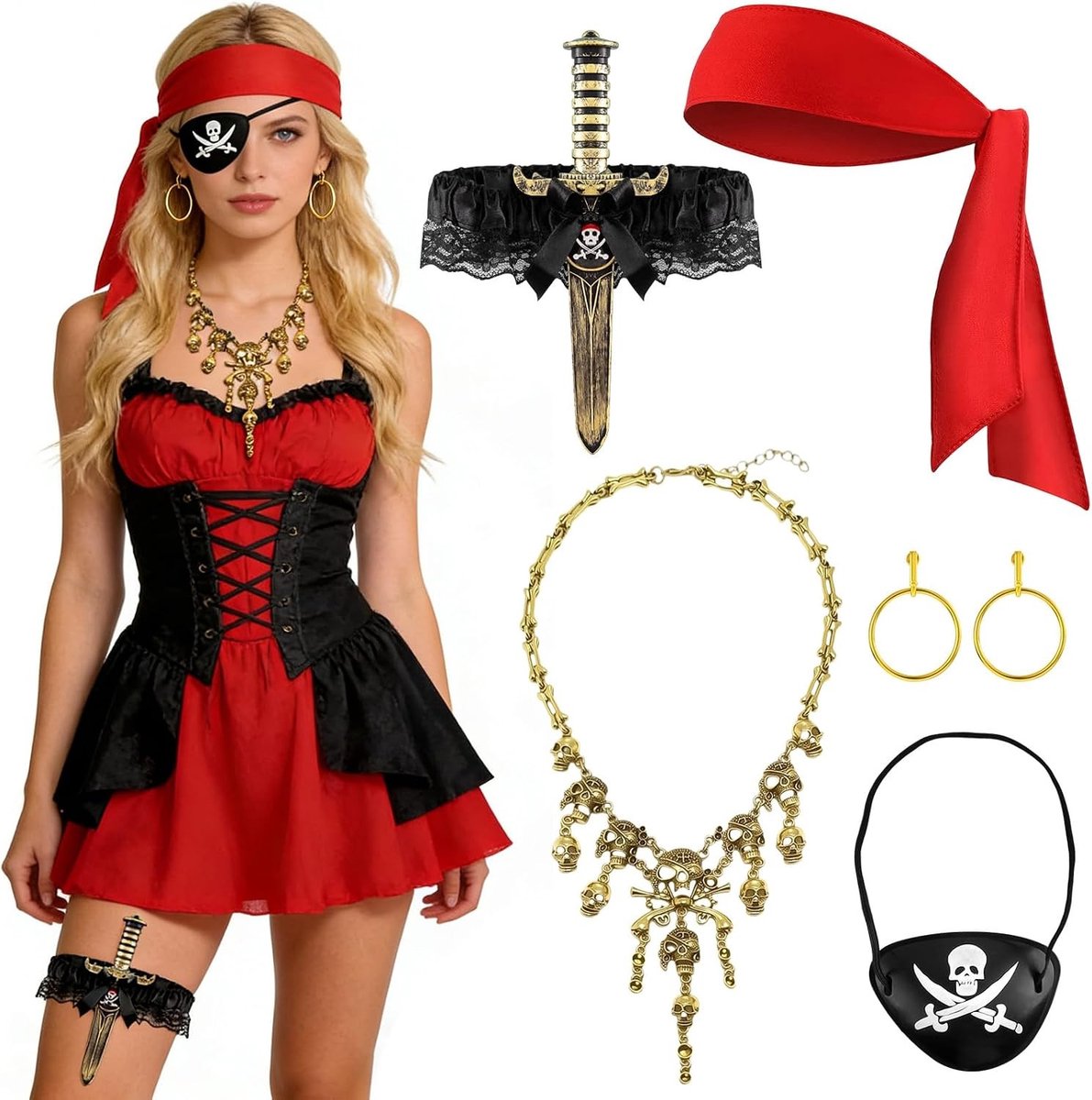 Vrouwelijk Piratenkostuum Set van 5, Inclusief Hoofddoek, Ooglapje, Ketting en Oorbellen voor Carnaval, Halloween en Cosplay Feesten