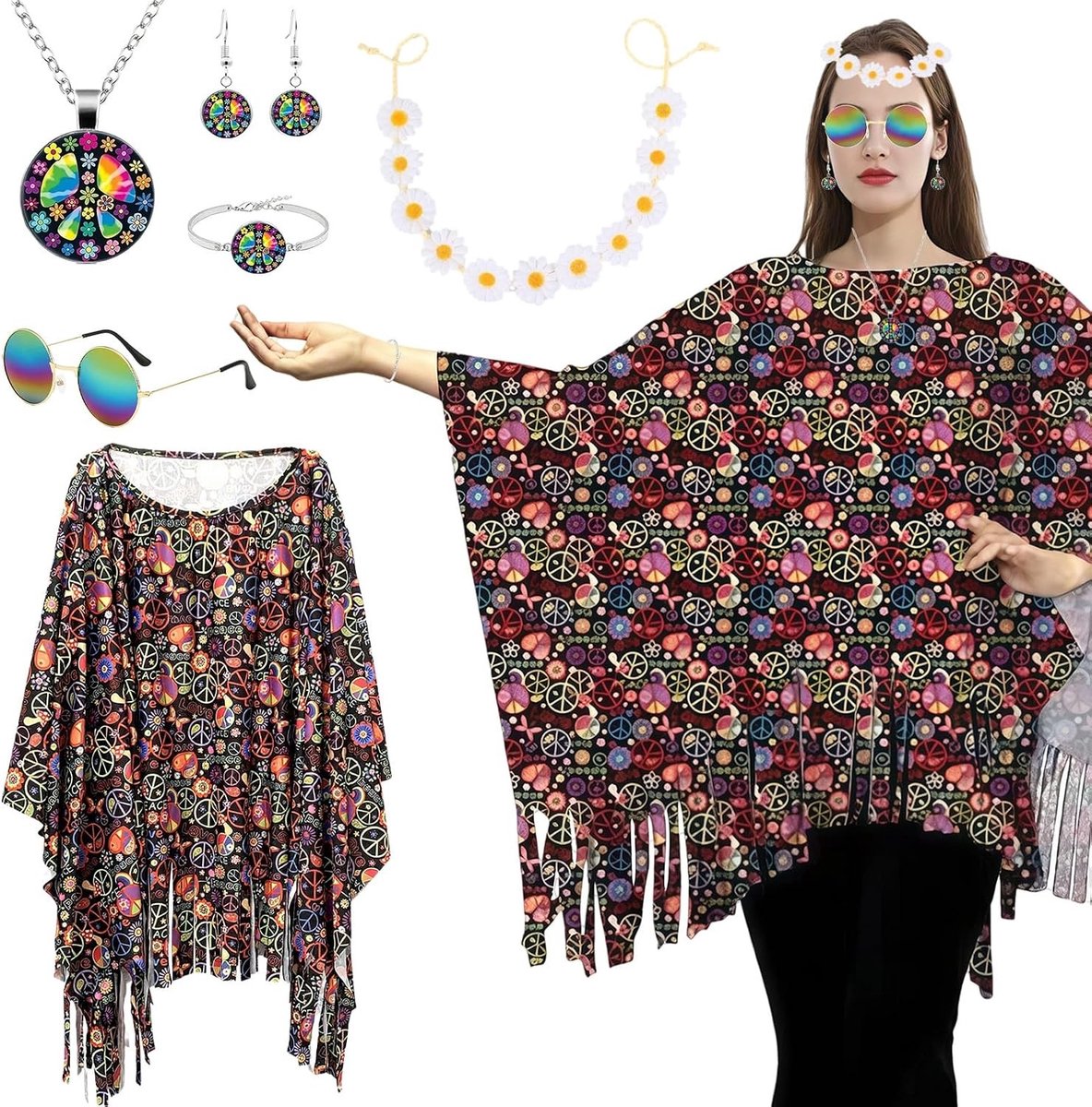 70s Hippie Kostuum Accessoire Set met Boho Cape, Kettingoorbellen, Armband en Zonnebril voor Carnaval, Cosplay en Festivals - Retro Disco Outfit voor Vrouwen