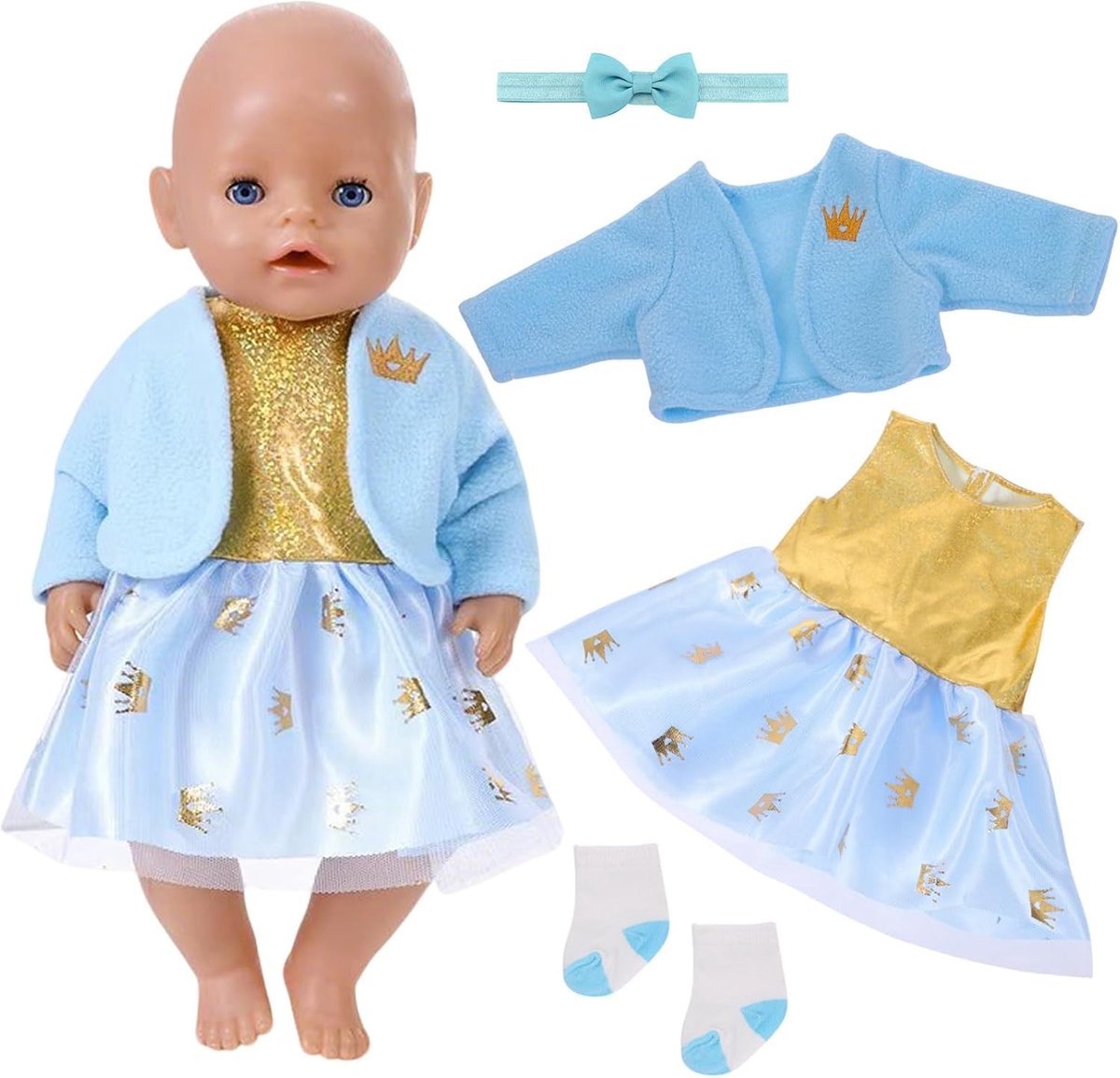 Schattige Baby Poppenkleding Set voor 14-18 Inch Poppen met Blauwe Robe, Tulle Rok en Accessoires voor Verjaardagen en Speelplezier