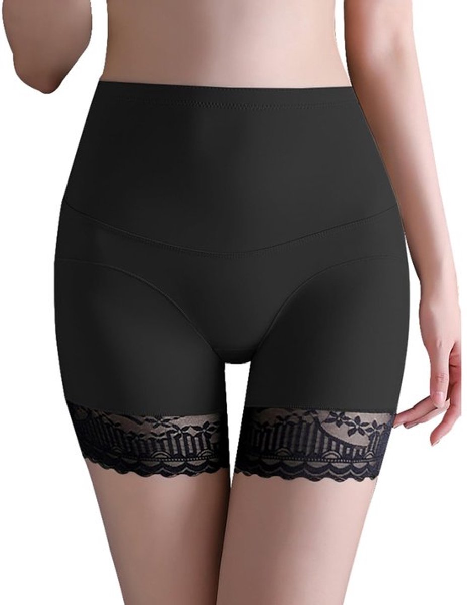 Buikcontrole T-shirt Naadloze Shapewear Dames Kanten Patroon Hoge Taille Zwart