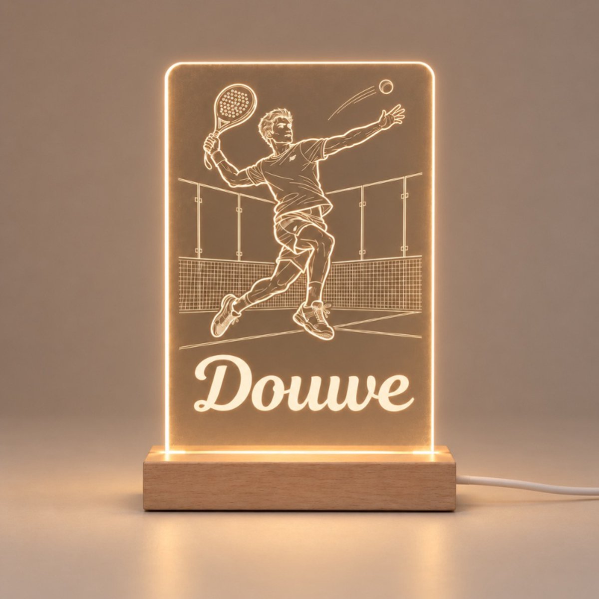 Padel Nachtlampje met Naam - Gepersonaliseerd LED Lampje Hout - Verjaardagscadeau Padel