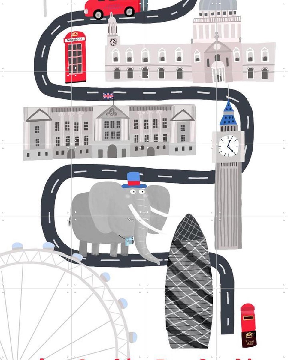 IXXI London City With Cute Elephant Tourist, Carla Daly - 80 x 100 cm - Gratis ophangtool - Grote wanddecoratie en posters - Grafisch Ontwerp