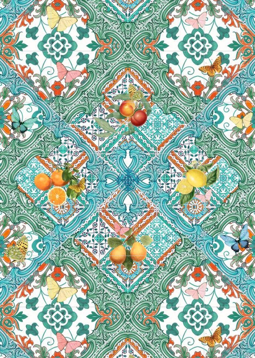 IXXI Mediterranean tiles and citrus fruit teal I, Bloomery Decor - 100 x 140 cm - Gratis ophangtool - Grote wanddecoratie en posters - Ornamenteel