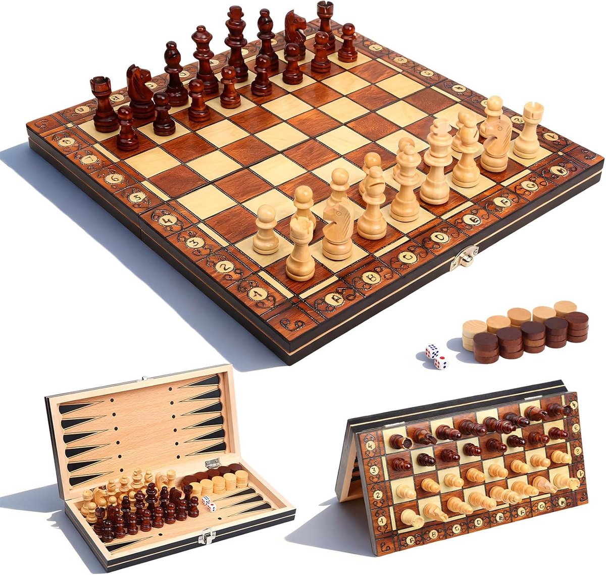 Magnetisch 3-in-1 - Houten Schaakspel - Opvouwbaar Schaakbord - Schaken, Dammen & Backgammon - 29 x 29 cm Reisschaakspel voor Volwassenen en Kinderen