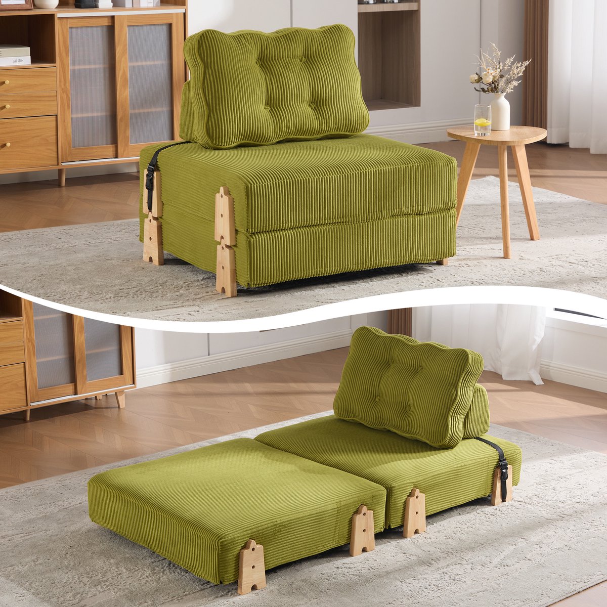 Fauteuil modern Scandinavisch corduroy - Uitklapbaar tot slaapbank - Opklapbaar tot eenpersoonsbank - Geschikt voor kleine ruimtes - Met houten poten - Vruchtgroene kleur