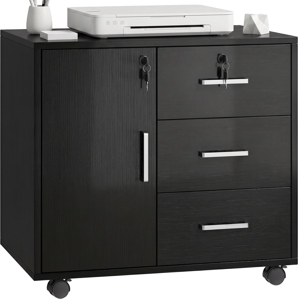 Rolcontainer Ladekast - 3 laden - verstelbare plank - afsluitbaar - op wielen - zwart, 40x60x56 cm