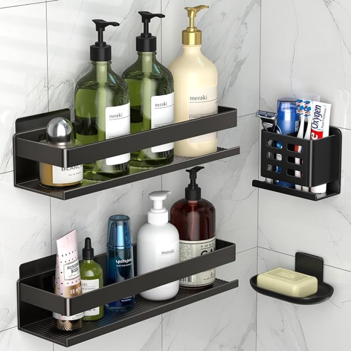Doucheplank aluminium set van 4 - Badkamer opbergplank wand zwart