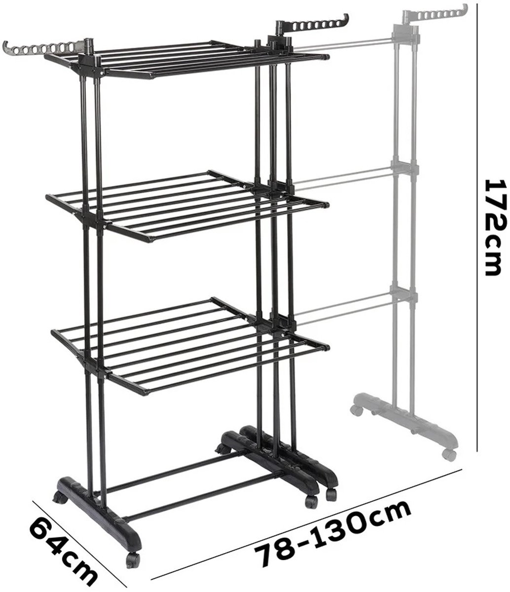 G&G wasrek - Droogrek - Droogrekken - Droogtoren - XXL - Inklapbaar - Staand - Met wieltjes - Laadvermogen 35kg - Tot 182cm - Zwart