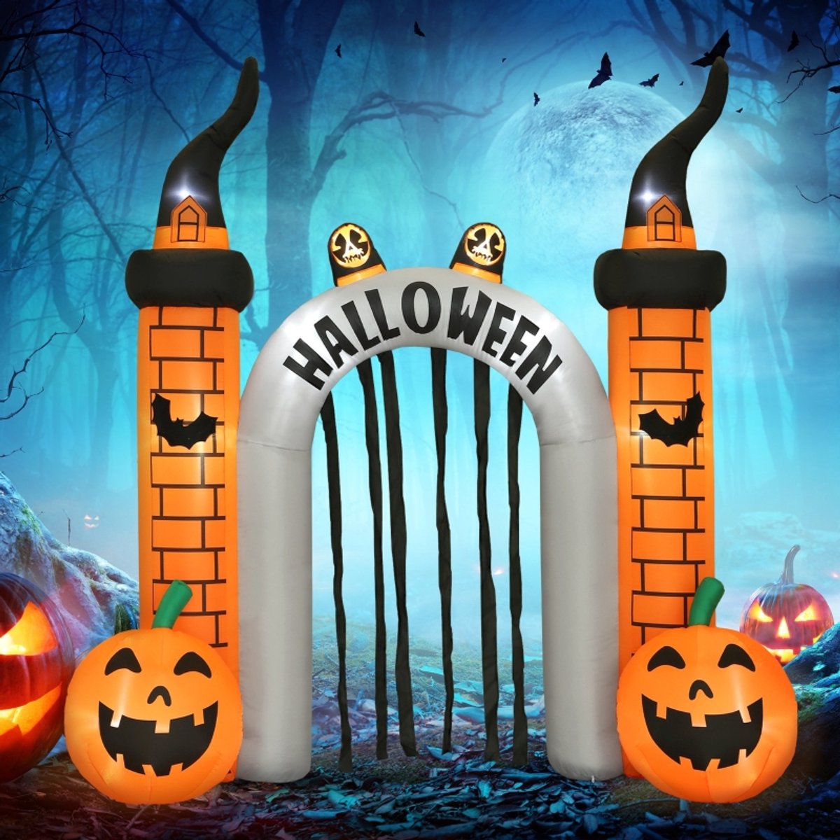 Opblaasfiguur Griezelige Toegangsbogen Met Pompoenverlichting En Ledverlichting 325 x 105 x 322 cm Polyester Oranje Voor Halloween Tuin En Buiten