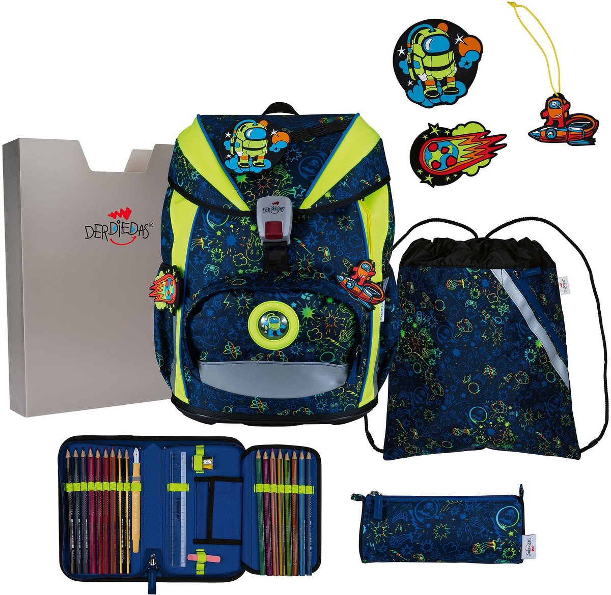 DerDieDas ErgoFlex Light - Schoolrugzak Set 5tlg. 800g (Neon Crazy)