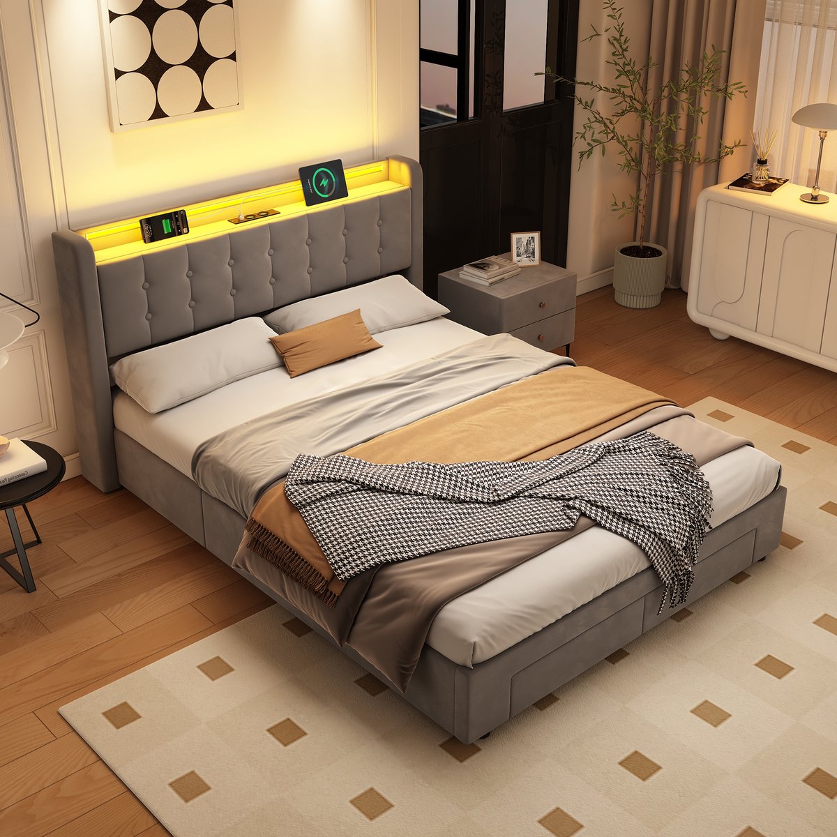 FloraGrace Bedframe Opbergruimte – 140 x 190 cm – Fluweel, Metaal En Hout – Donkergrijs – Met Laden, Usb-Aansluiting En Ledverlichting