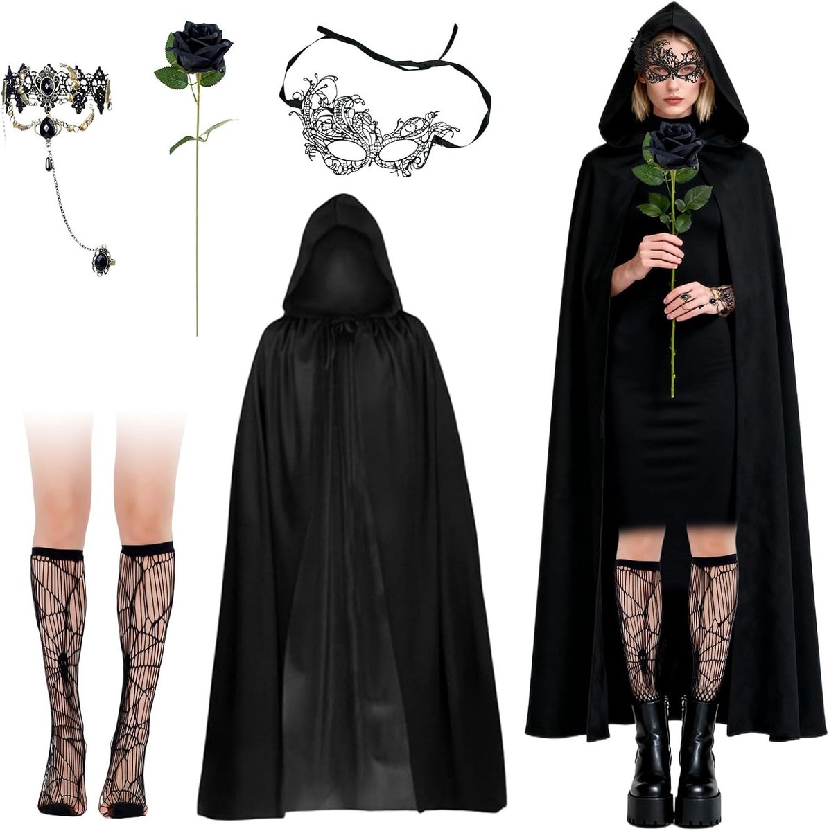 Zwarte Capes met Kap voor Vrouwen - 6-delige Halloween Kostuum Set met Masker, Ketting, Kousen en Roos voor Vampier en Carnavalsfeest, 150 cm