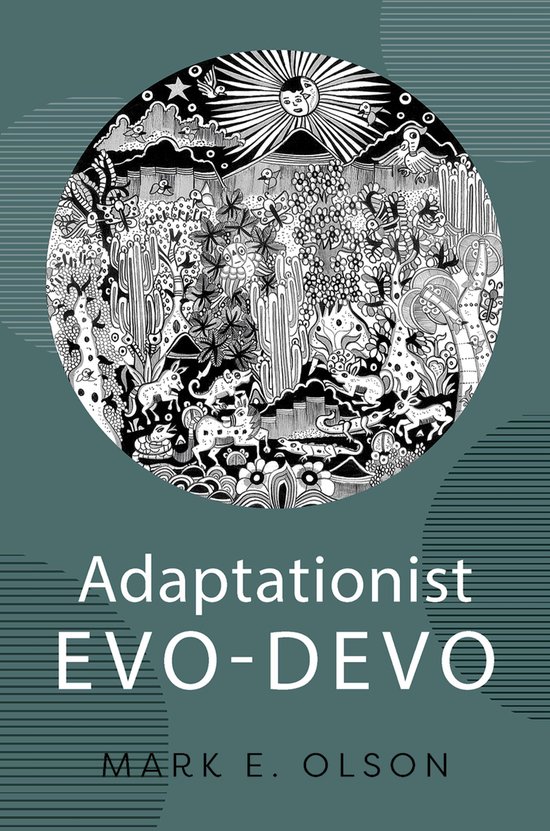 Boekomslag 'Adaptationist EVO-DEVO' van Mark E. Olson met een zwart-witte illustratie van een ecologisch landschap.