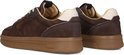 Bruine suède sneakers met beige hiel en harige details.