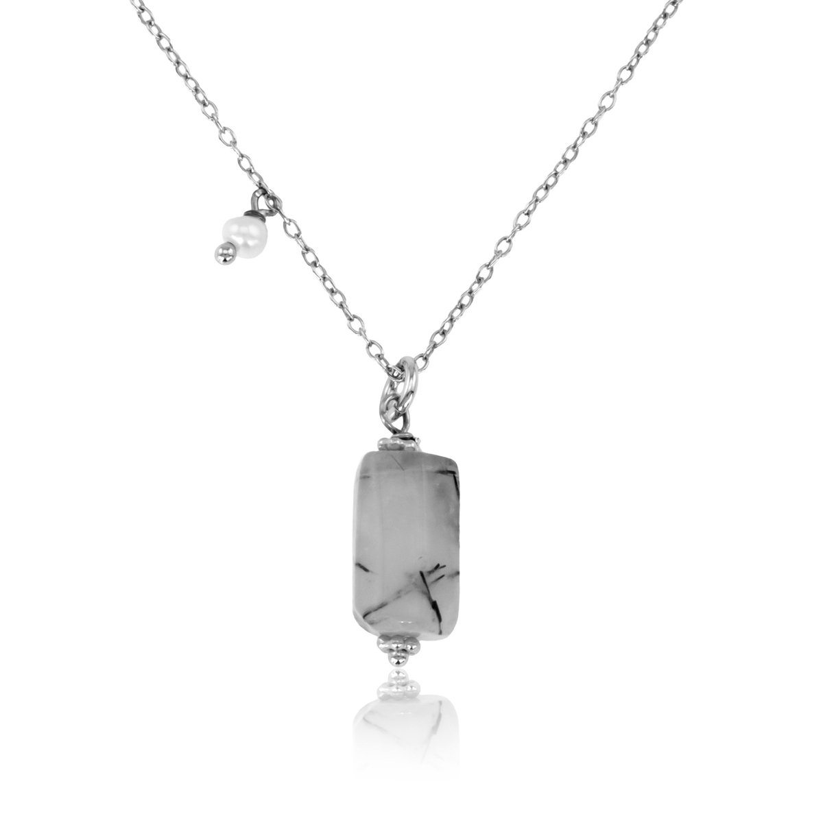 Cavill - Zilveren Ketting 925 Sterling Zilver - Zwarte Rutielkwarts 2 Ct Fancy Slijpsel - Witte Zoetwaterparel - Elegant Sieraad Dames