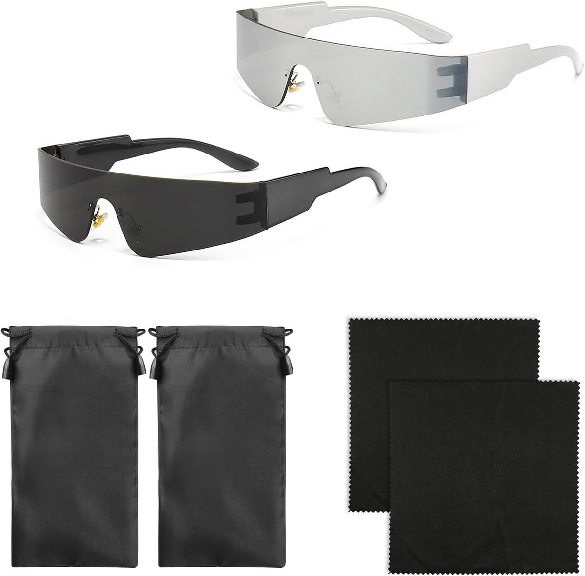 Futuristische Zonnebrillen Set met Tassen en Doeken - Reflecterende Frameless Party Brillen in Zilver en Zwart, Perfect voor Festivals en Modebewuste Stijlzoekers