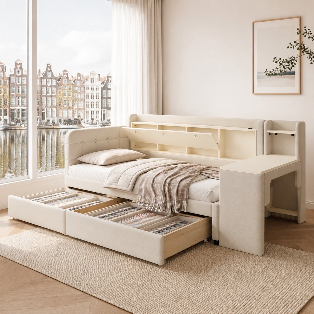 WUVRIE Daybett 90x200 cm slaapbank beige - met 2 lades, bureau, USB + Type C en opbergruimte
