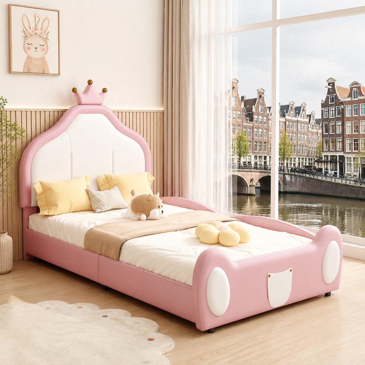 WUVRIE Prinsessen Polsterbett Kinderbed 90x200 cm met Kronenleiste, roze wit, Kunstleder Pink