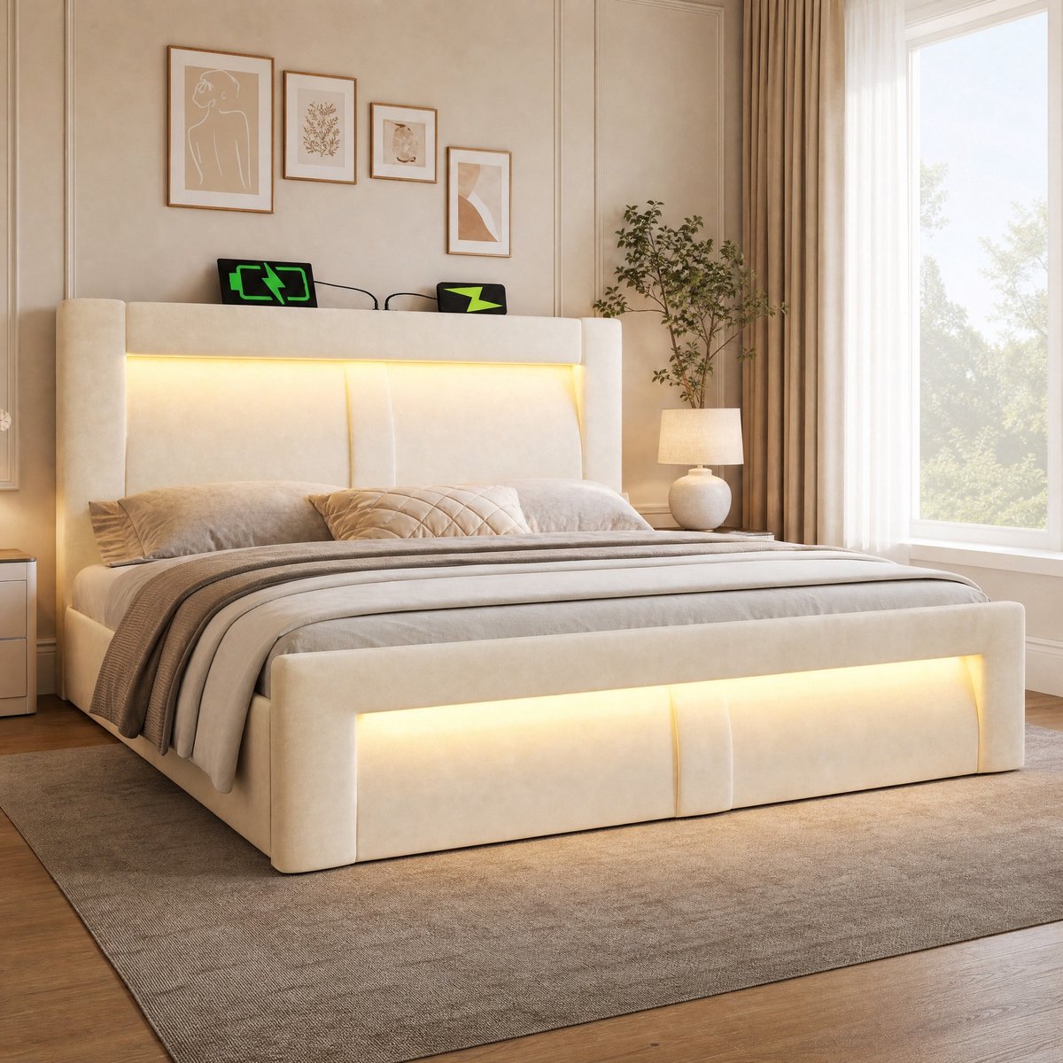 COVREO Dubbelbed met opbergruimte en LED – 140x200 cm – Bedframe van stof en metaal – USB- en Type-C-aansluiting – Beige - zonder matras