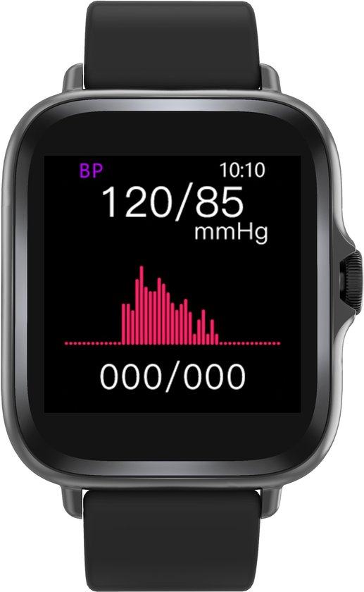 Zwarte smartwatch met bloeddruk (BP) meting van 120/85 mmHg.
