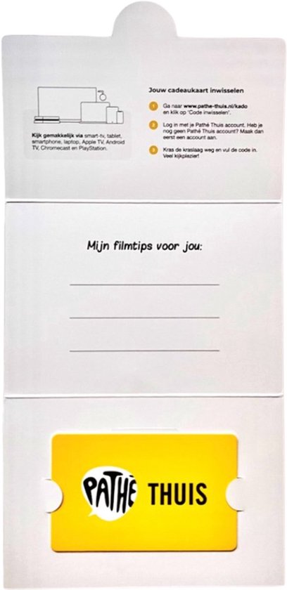 Een Pathé Thuis cadeaukaart met instructies voor gebruik en filmlijst.