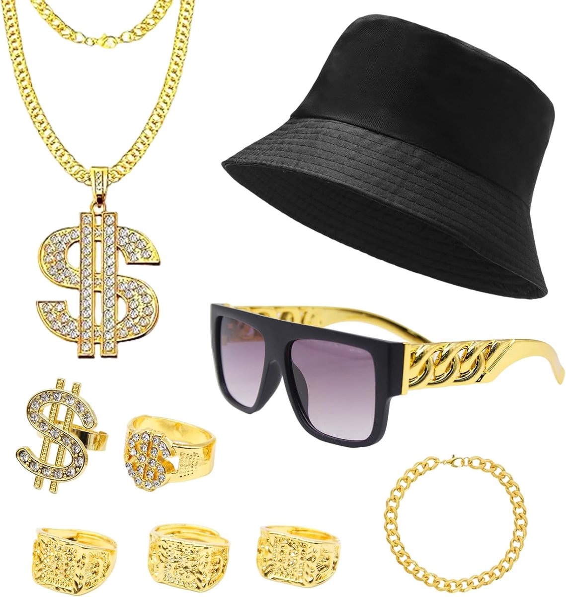 80's en 90's Hip Hop Kostuum Set voor Mannen met Gouden Dollar Ketting en Accessoires