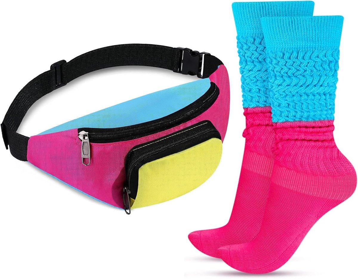 80s outfit accessoires set voor vrouwen met neon heuptas, slouchsokken en thermosokken voor kostuums, carnaval en retro feesten