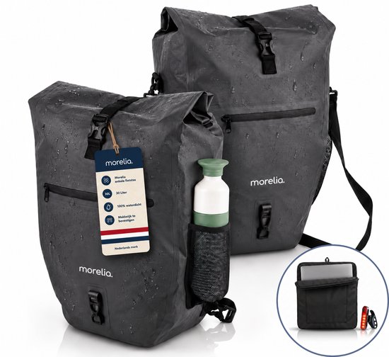 Zwarte, waterdichte enkele fietstas van 30 liter met voorvak, flessenhouder en een label met "Morelia 30 Liter 100% waterdicht".