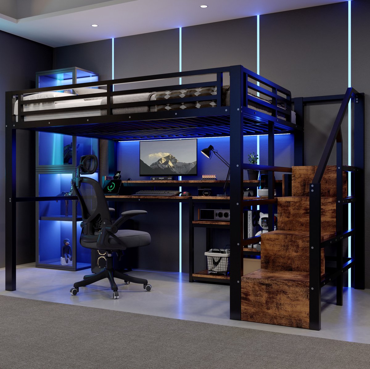 Hoogslaper 140 x 200 cm - Metalen Bedframe Met Bureau En Opbergruimte - Met Trapkast, LED Verlichting, USB En Type-C - Zwart - Zonder Matras
