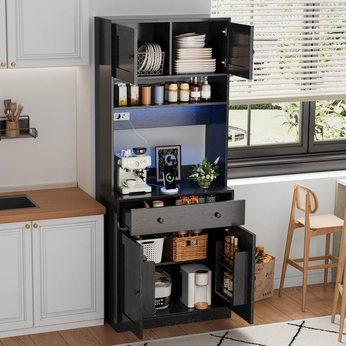 REDOM - Keukenkast - Hoogkast met LED-verlichting en stopcontact - Open legplanken en grote lade - Moderne stijl - Keuken, eetkamer en woonkamer - MDF - Zwart - 72 x 40 x 180 cm