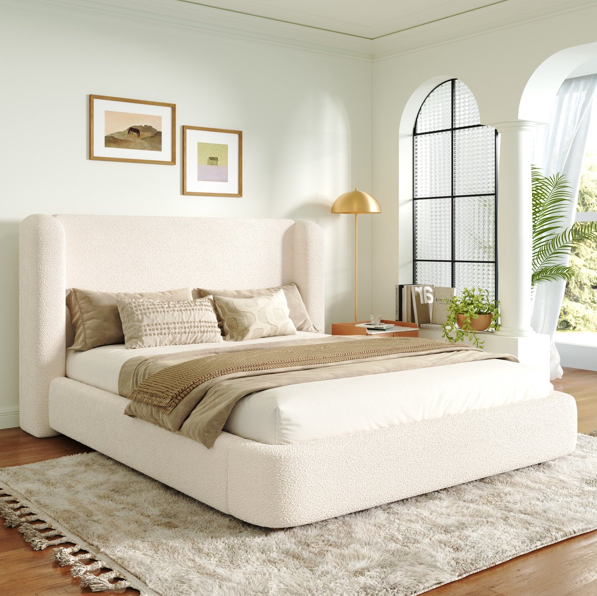 Gestoffeerd Bed 180x200 cm Zonder Matras - Dubbelbed met Lattenbodem en Gevoerd Hoofdbord - Modern Design Voor Slaapkamer - Bouclé - Beige