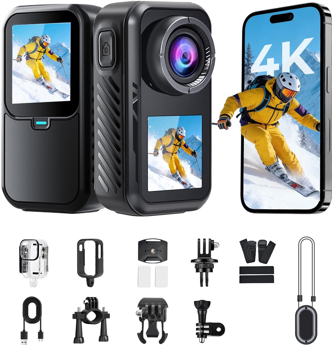 Action Camera 5K 30fps – Dual Screen Sportcamera – 6-Axis EIS – 30m Waterdicht – 150° Groothoek